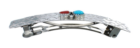 Native American Navajo Turquoise Coral Sterling Silver Hair Barrette JX131014
