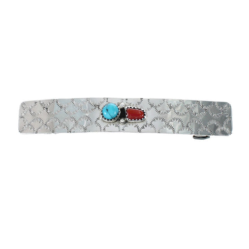 Native American Navajo Turquoise Coral Sterling Silver Hair Barrette JX131015