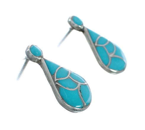 Native American Zuni Turquoise Tear Drop Sterling Silver Inlay Post Earrings JX131038