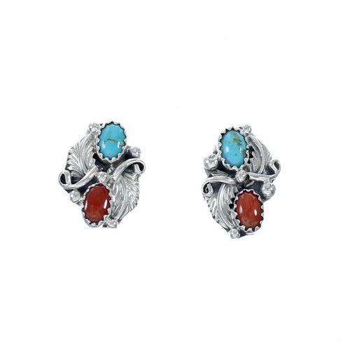 Sterling Silver Scalloped Leaf Turquoise Coral Navajo Post Earrings JX131042