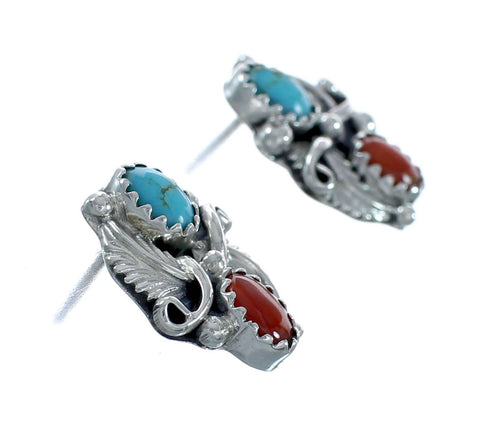 Sterling Silver Scalloped Leaf Turquoise Coral Navajo Post Earrings JX131042