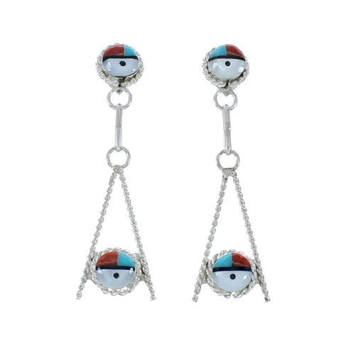 Sterling Silver Zuni Sunface Multicolor Inlay Post Dangle Earrings JX131052