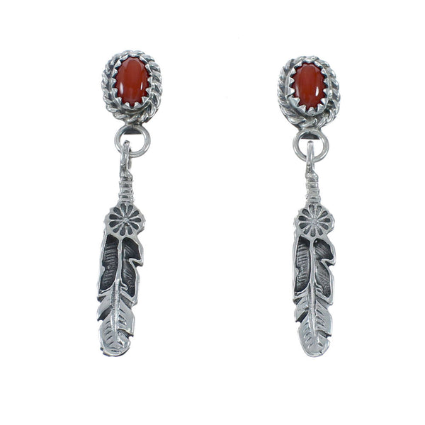Coral Sterling Silver Feather Native American Post Dangle Earrings JX131061