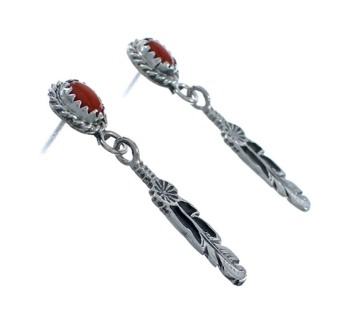 Coral Sterling Silver Feather Native American Post Dangle Earrings JX131061