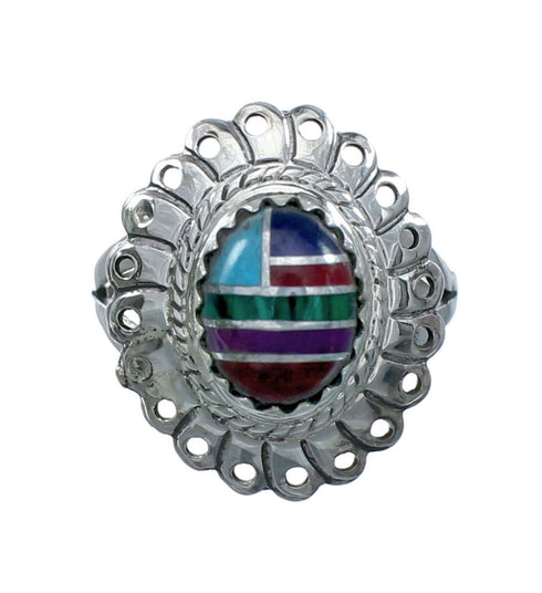 Southwestern Manmade Multicolor Inlay Sterling Silver Ring Size 5-3/4 JX131074