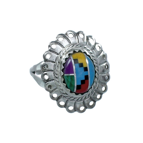 Southwestern Manmade Multicolor Inlay Sterling Silver Ring Size 6-1/4 JX131078