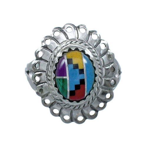 Southwestern Manmade Multicolor Inlay Sterling Silver Ring Size 6-1/4 JX131078