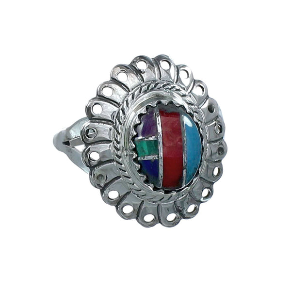 Southwestern Manmade Multicolor Inlay Sterling Silver Ring Size 6-1/2 JX131077