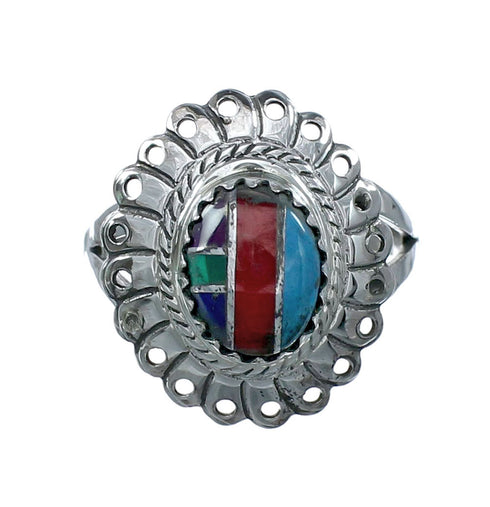 Southwestern Manmade Multicolor Inlay Sterling Silver Ring Size 6-1/2 JX131077
