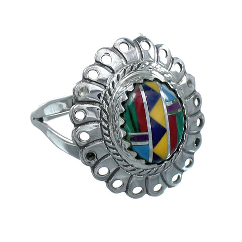 Southwestern Manmade Multicolor Inlay Sterling Silver Ring Size 7-1/2 JX131082