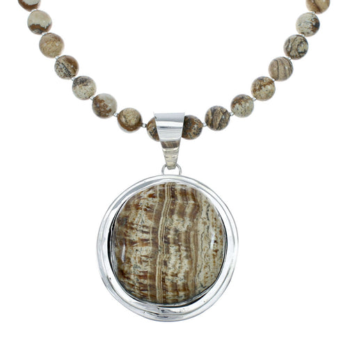 Sterling Silver Navajo Picture Rock Bead Necklace Pendant Set JX131110