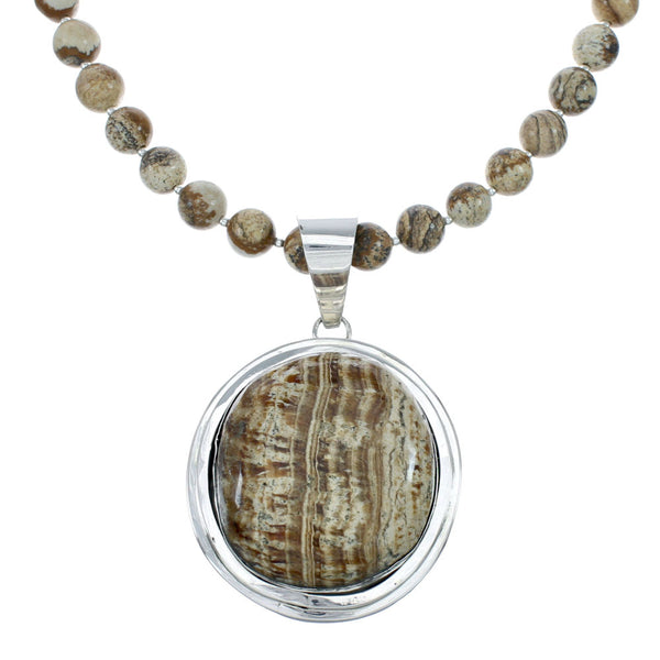 Sterling Silver Navajo Picture Rock Bead Necklace Pendant Set JX131110