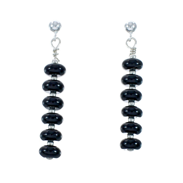 Native American Onyx Sterling Silver Bead Post Dangle Earrings JX131123