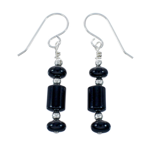 Native American Onyx Sterling Silver Bead Hook Dangle Earrings JX131120