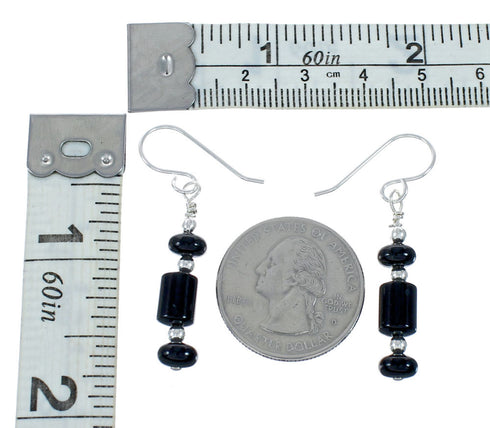 Native American Onyx Sterling Silver Bead Hook Dangle Earrings JX131120