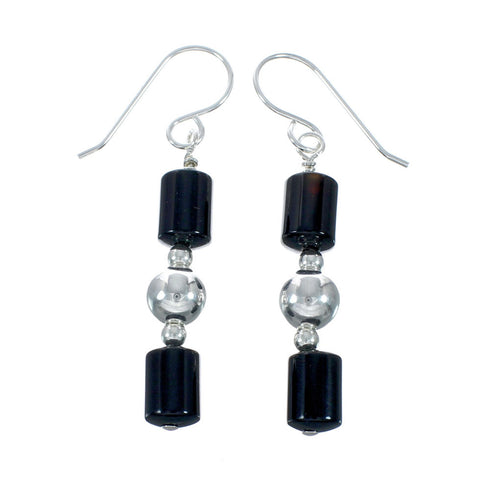 Native American Onyx Sterling Silver Bead Hook Dangle Earrings JX131122