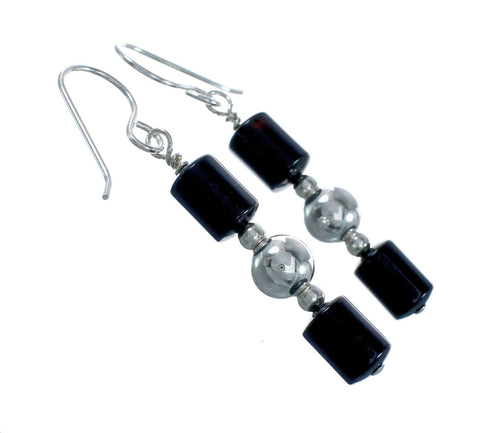 Native American Onyx Sterling Silver Bead Hook Dangle Earrings JX131122
