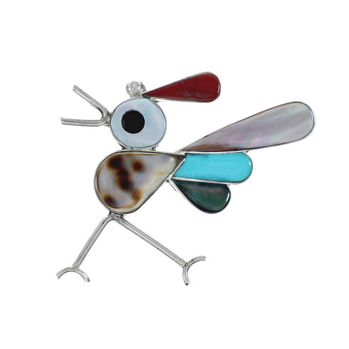 Zuni Authentic Sterling Silver Multicolor Roadrunner Pin Pendant JX131141