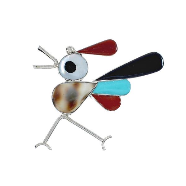 Zuni Authentic Sterling Silver Multicolor Roadrunner Pin Pendant JX131142