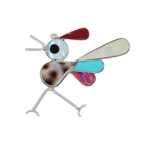 Zuni Authentic Sterling Silver Multicolor Roadrunner Pin Pendant JX131145
