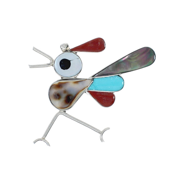 Zuni Authentic Sterling Silver Multicolor Roadrunner Pin Pendant JX131147