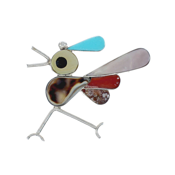Zuni Authentic Sterling Silver Multicolor Roadrunner Pin Pendant JX131148
