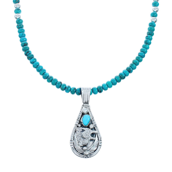 Navajo Turquoise Sterling Silver Wolf And Leaf Bead Necklace Set BX119084