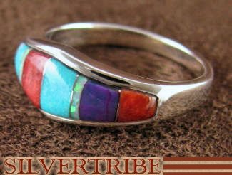 Multicolor Inlay Jewelry Sterling Silver Ring Size 5-3/4 NS35931