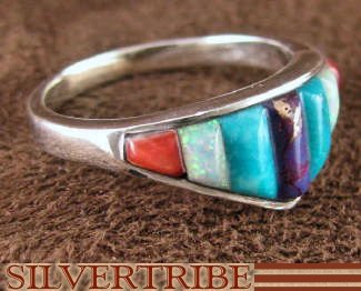Turquoise Multicolor Inlay Sterling Silver Ring Size 6-3/4 NS36002