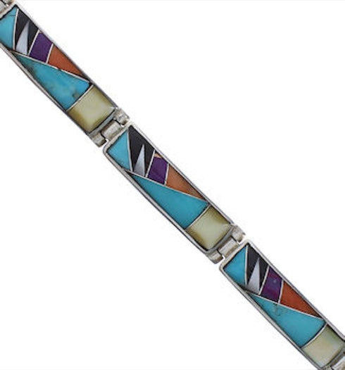 Southwest Multicolor Genuine Sterling Silver Link Bracelet RX100597