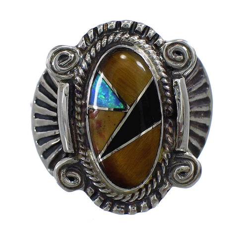 Southwestern Multicolor Inlay Sterling Silver Ring Size 7-1/4 RX100635