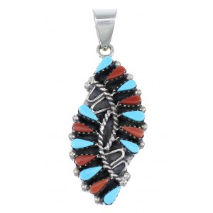 Sterling Silver Turquoise And Coral Needlepoint Southwest Pendant YX67753