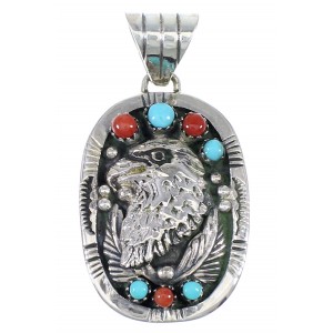 Sterling Silver Turquoise And Coral Eagle Southwestern Slide Pendant YX67764