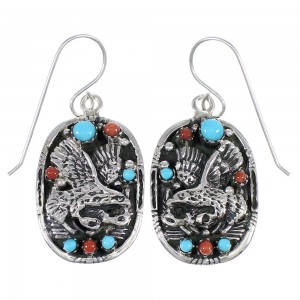 Genuine Sterling Silver Turquoise And Coral Southwest Eagle Hook Dangle Earrings YX68065