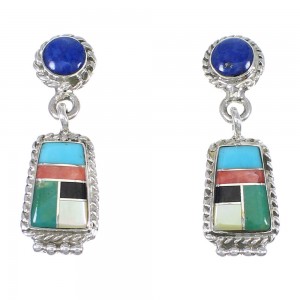 Southwestern Authentic Sterling Silver Multicolor Inlay Post Dangle Earrings QX71986