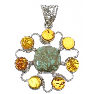 Authentic Sterling Silver Southwest #8 Turquoise And Amber Pendant QX74152
