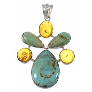 Turquoise And Amber Southwestern Authentic Sterling Silver Jewelry Pendant QX74166