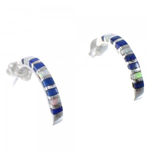 Lapis And Opal Inlay Southwest Silver Post Hoop Earrings QX75427