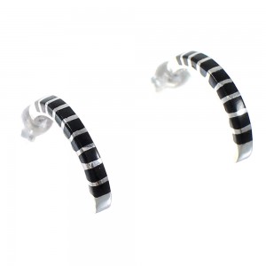 Southwest Silver Jet Inlay Post Hoop Earrings QX75440