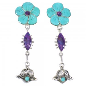 Southwestern Turquoise And Magenta Turquoise Flower Silver Post Dangle Earrings WX76308