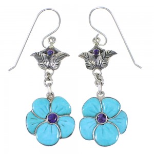 Silver Turquoise And Magenta Turquoise Flower Southwestern Hook Dangle Earrings WX76388