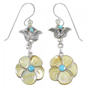 Southwest Sterling Silver Turquoise And Yellow Mother Of Pearl Flower Hook Dangle Earrings WX76399