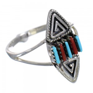 Southwest Turquoise And Coral Silver Water Wave Ring Size 8 AX88972