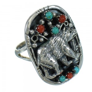 Southwest Bear Sterling Silver Turquoise And Coral Ring Size 6-1/4 RX84880