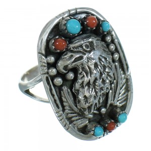 Sterling Silver Eagle Turquoise And Coral Ring Size 7 RX84895
