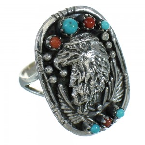 Genuine Sterling Silver Turquoise Coral Eagle Southwest Ring Size 6-1/4 RX84902