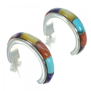 Authentic Sterling Silver Multicolor Inlay Post Hoop Earrings RX83360