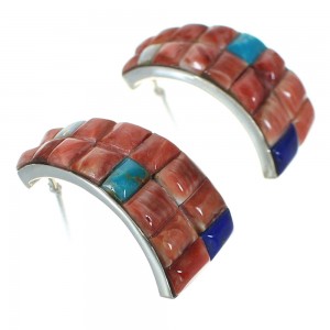 Multicolor Inlay Authentic Sterling Silver Post Hoop Earrings RX83587