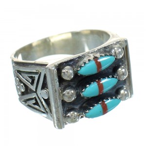  Turquoise And Coral Needlepoint Sterling Silver Ring Size 6 FX91979