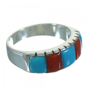 Coral And Turquoise Inlay Authentic Sterling Silver Southwestern Ring Size 7-3/4 AX87571